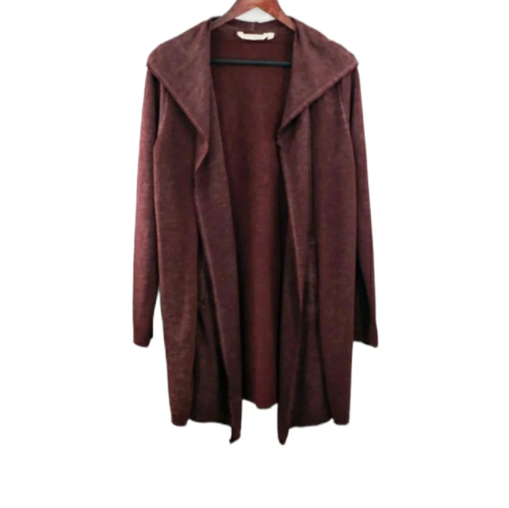 Soft Surroundings Long Hooded Cozy Wine Red Open Front Cardigan Sweater - Picture 1 of 10